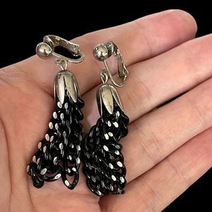 Vintage Sarah Coventry Art Deco Style Chain Tassel Clip On Earrings Silver Tone
